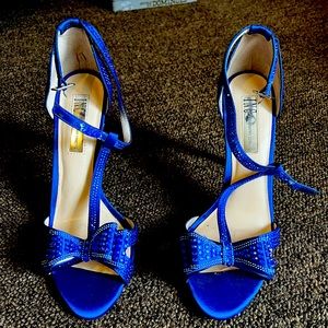 Inc T strap rhinestone bow heels